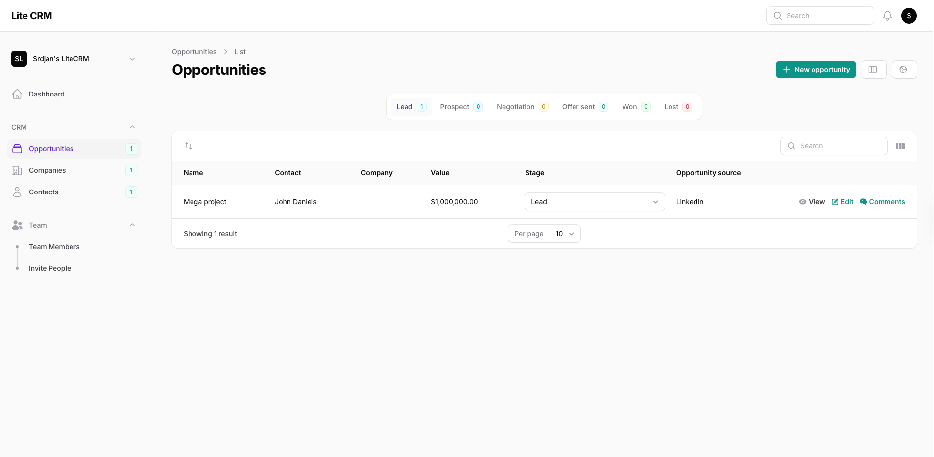LiteCRM - lightweight CRM for freelancers, solo-preneurs and small businesses